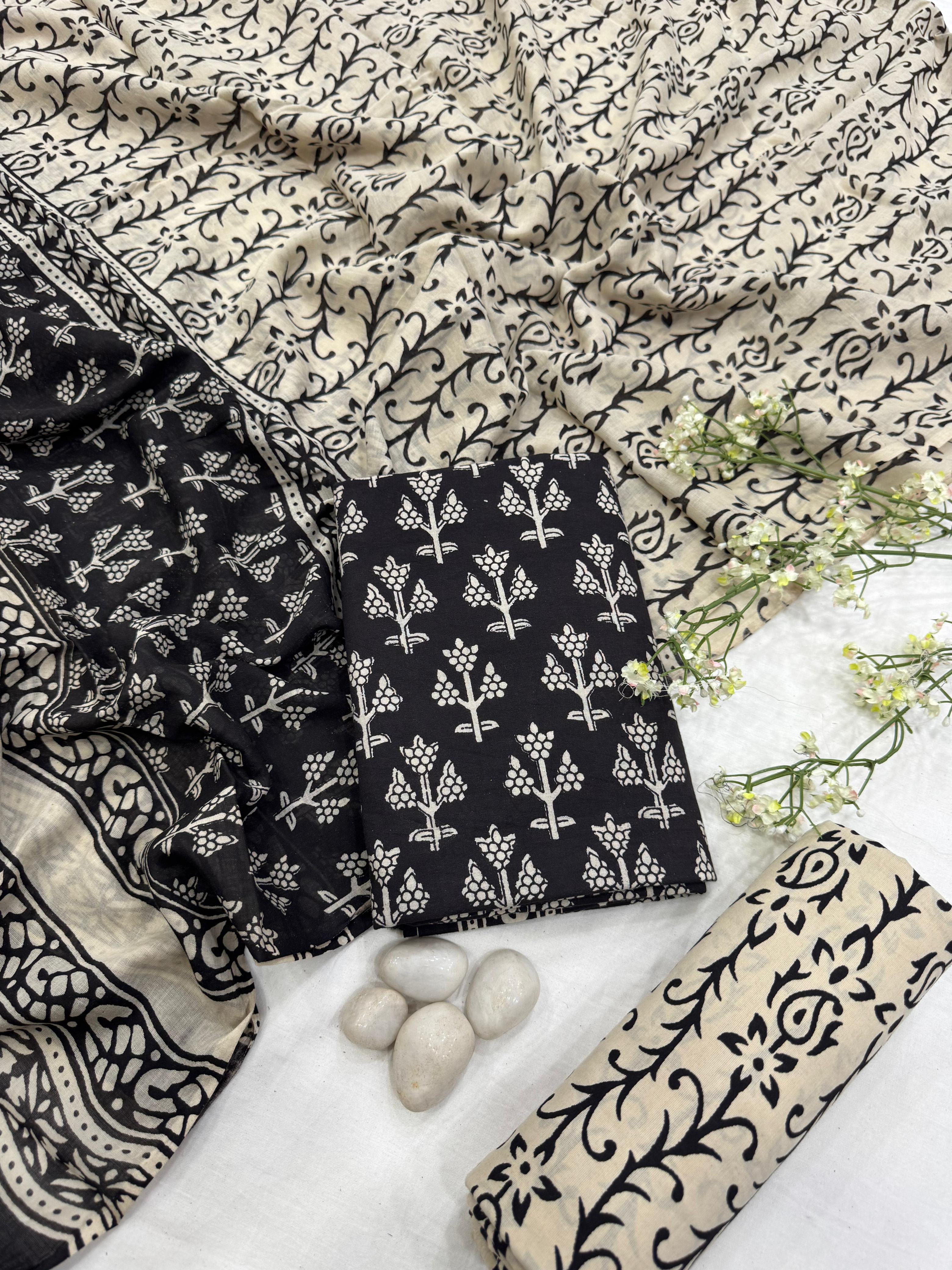 Wholesale Black Floral Cotton Mul Dress Material – Rajasthani Block Print, Artisan-Crafted in Rajasthan for Designers, Boutiques, and Bulk Orders